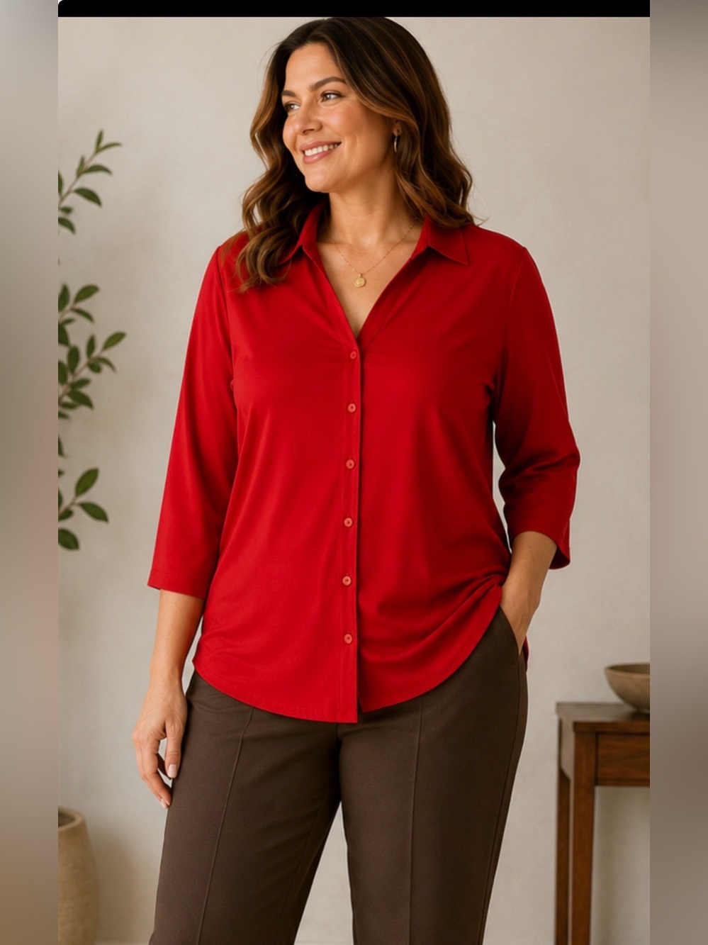 212 Collection Cherry Red Stretch Button Up Blouse 1X 3/4 Sleeve